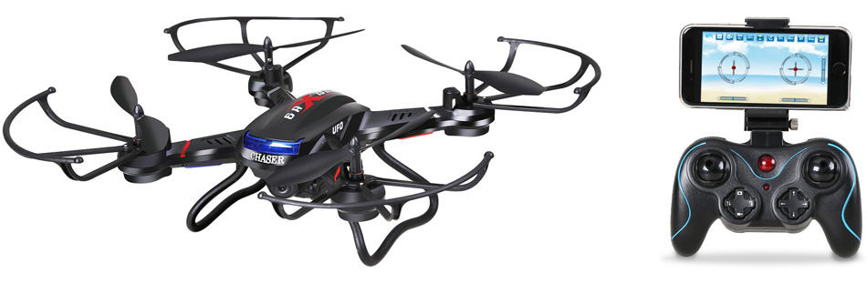 LaTrax Alias black drone with controller and smartphone attached